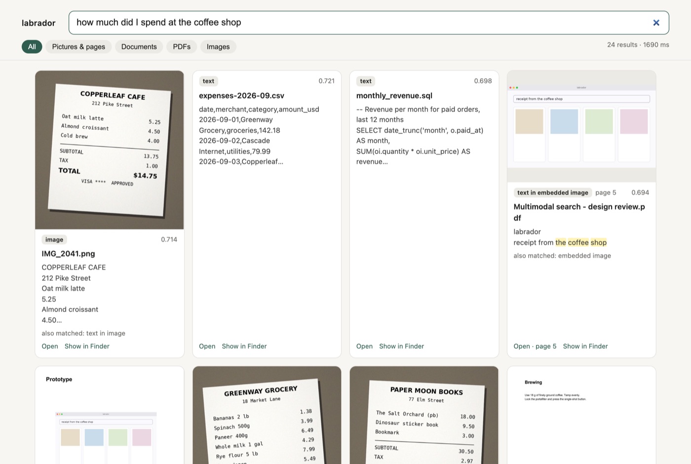 labrador web UI showing a receipt photo as the top result for 'how much did I spend at the coffee shop'